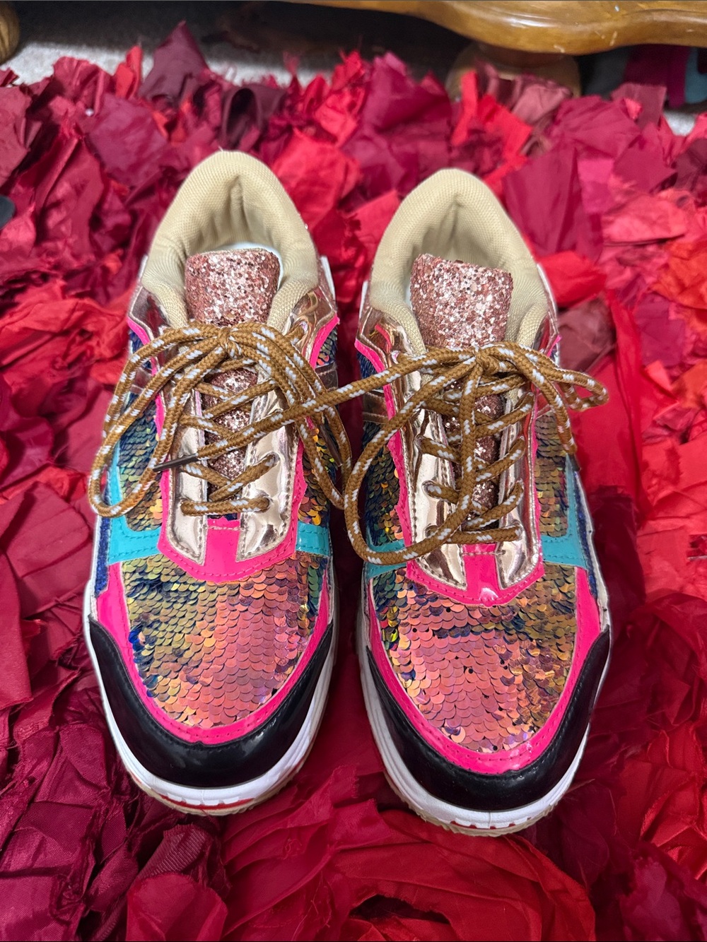 Yoki Pink Multicolor Sequin Platform Sneakers